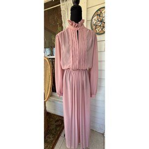 Vintage 70's Mauve Rose Maxi Dress Pleated Front Sheer Poly Chiffon Style Sz XL